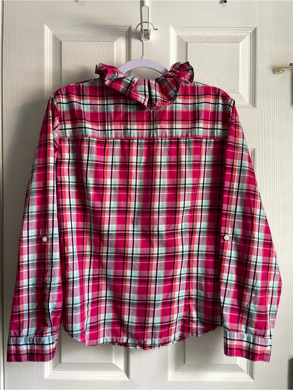 Allison Daley Pink Plaid Ruffle Collar Button-Down Shirt, Size L/XL - Picture 7 of 11